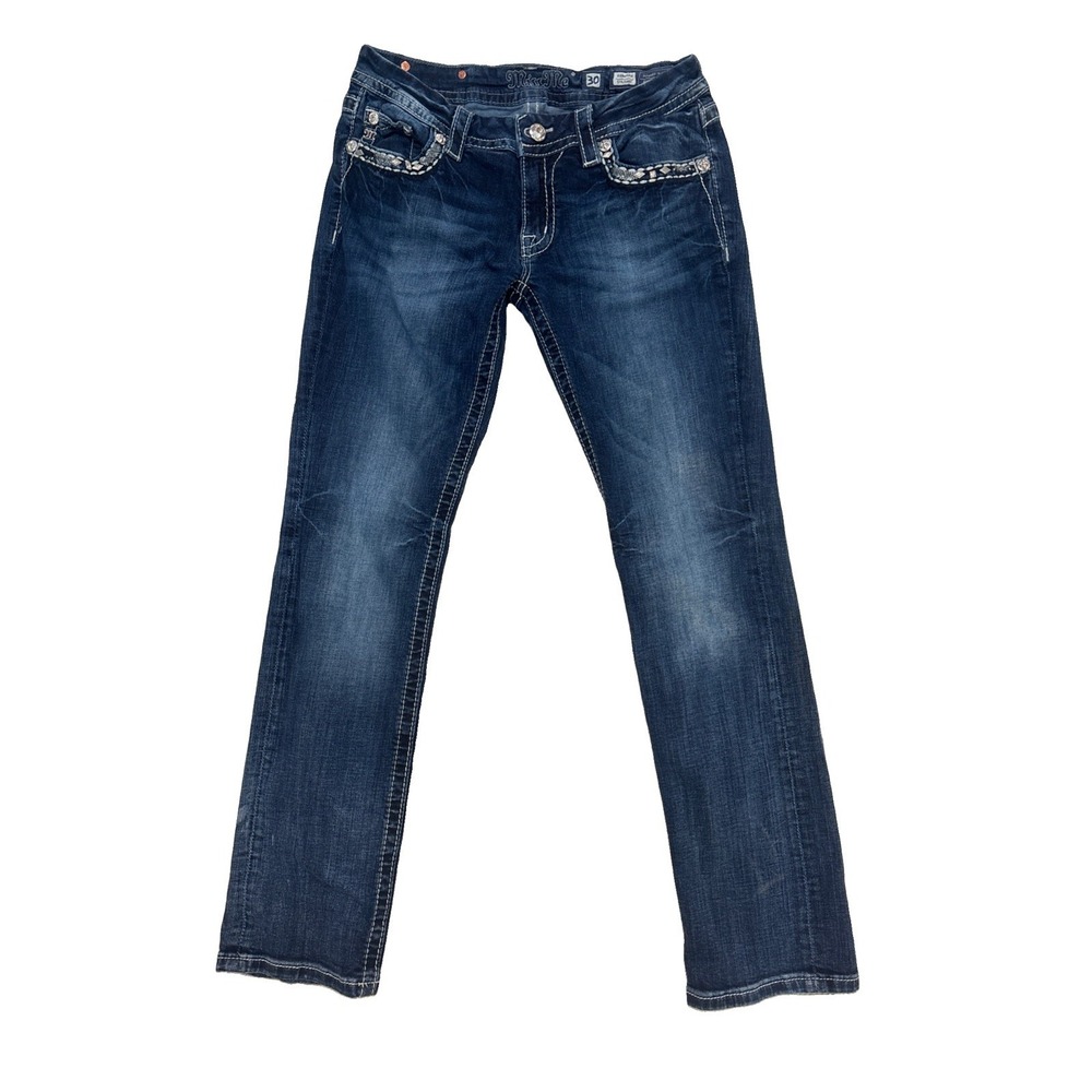 Miss Me Jeans Size 30 Dark Blue Distressed Wash Straight Bedazzled Jewel